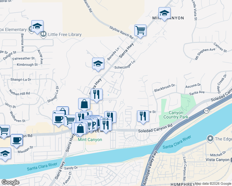 map of restaurants, bars, coffee shops, grocery stores, and more near in Santa Clarita