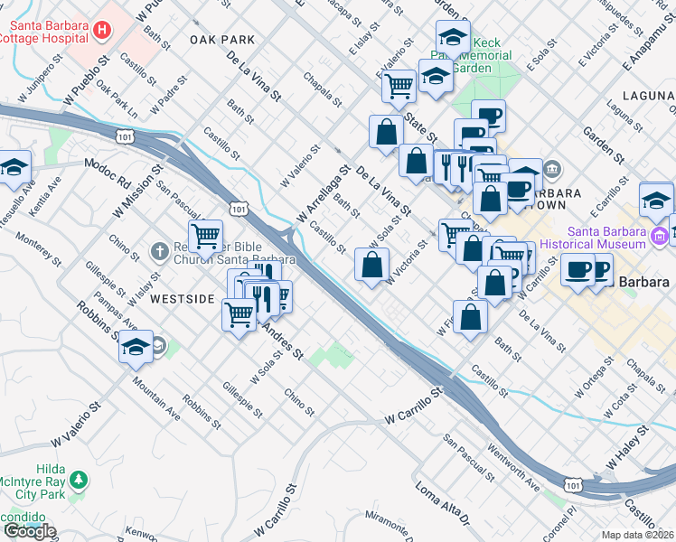 map of restaurants, bars, coffee shops, grocery stores, and more near 413 West Sola Street in Santa Barbara