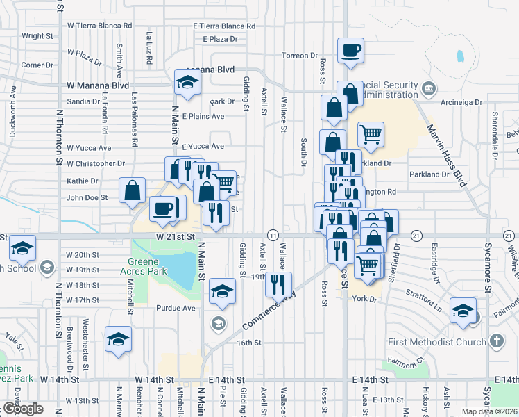map of restaurants, bars, coffee shops, grocery stores, and more near 2205 Axtell Street in Clovis