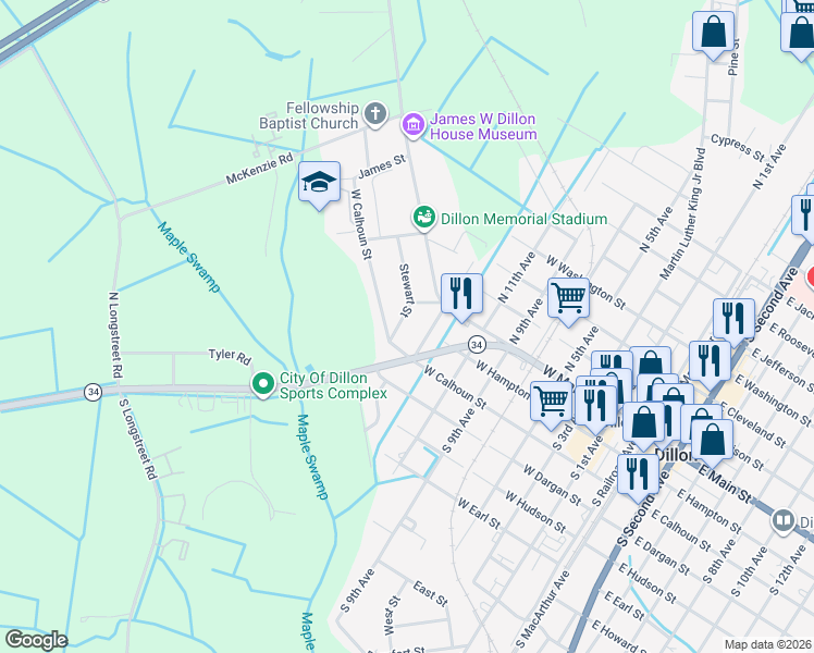 map of restaurants, bars, coffee shops, grocery stores, and more near 111 Stewart Street in Dillon