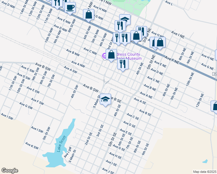 map of restaurants, bars, coffee shops, grocery stores, and more near 100 Avenue A Southeast in Childress