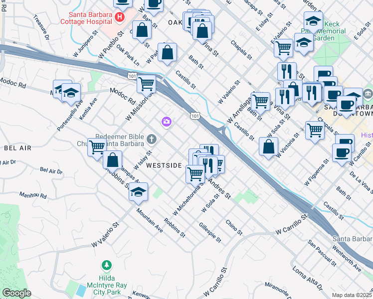 map of restaurants, bars, coffee shops, grocery stores, and more near 624 Mulberry Avenue in Santa Barbara