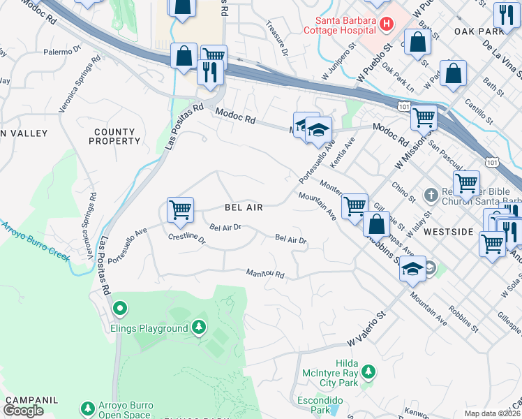 map of restaurants, bars, coffee shops, grocery stores, and more near 1103 Portesuello Avenue in Santa Barbara