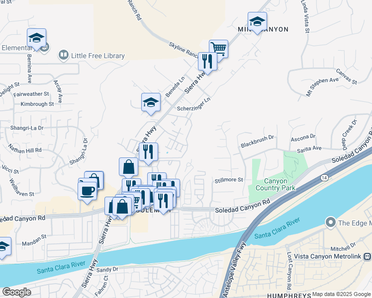map of restaurants, bars, coffee shops, grocery stores, and more near 18015 Sundowner Way in Santa Clarita