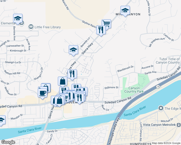 map of restaurants, bars, coffee shops, grocery stores, and more near 18015 Sundowner Way in Santa Clarita