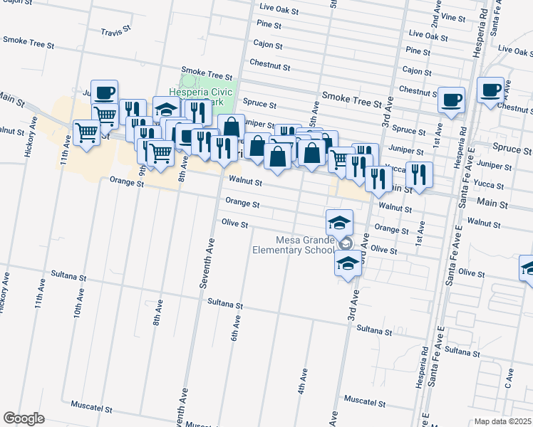 map of restaurants, bars, coffee shops, grocery stores, and more near Orange Street in Hesperia
