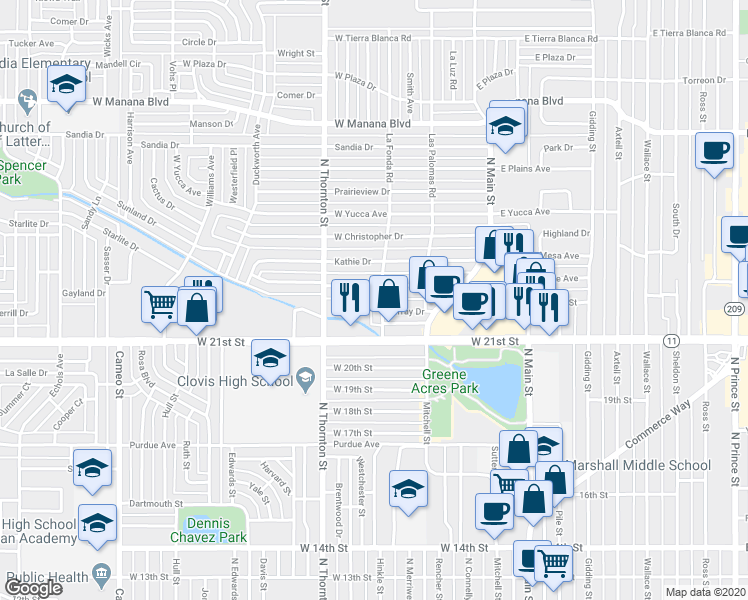 map of restaurants, bars, coffee shops, grocery stores, and more near 2126 La Fonda Road in Clovis