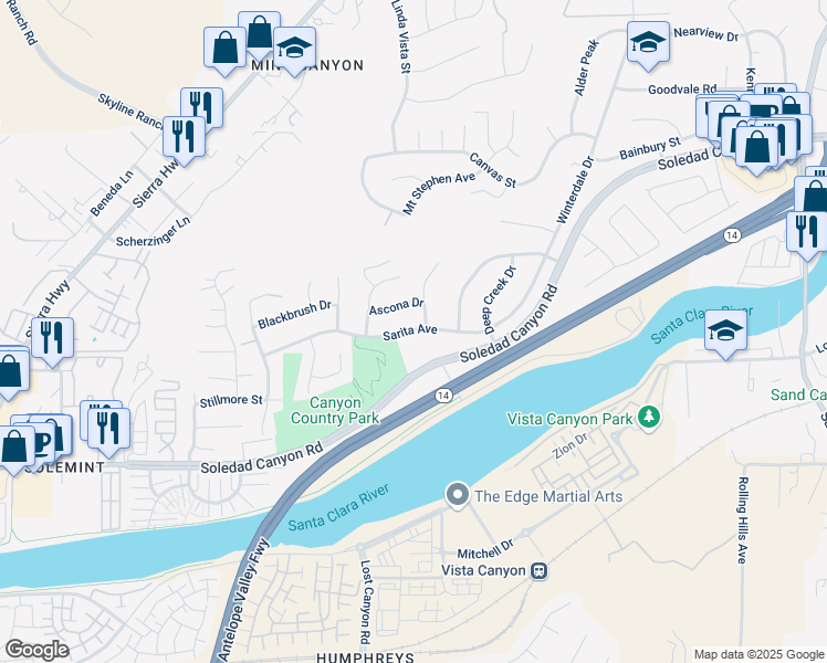 map of restaurants, bars, coffee shops, grocery stores, and more near 17416 Sarita Avenue in Santa Clarita