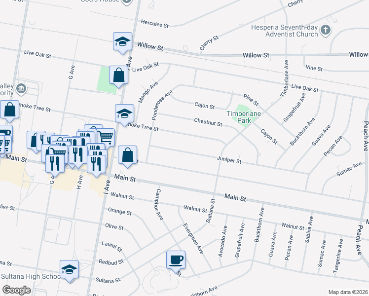 map of restaurants, bars, coffee shops, grocery stores, and more near 17722 Juniper Street in Hesperia