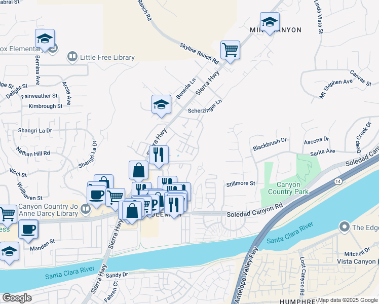 map of restaurants, bars, coffee shops, grocery stores, and more near in Santa Clarita