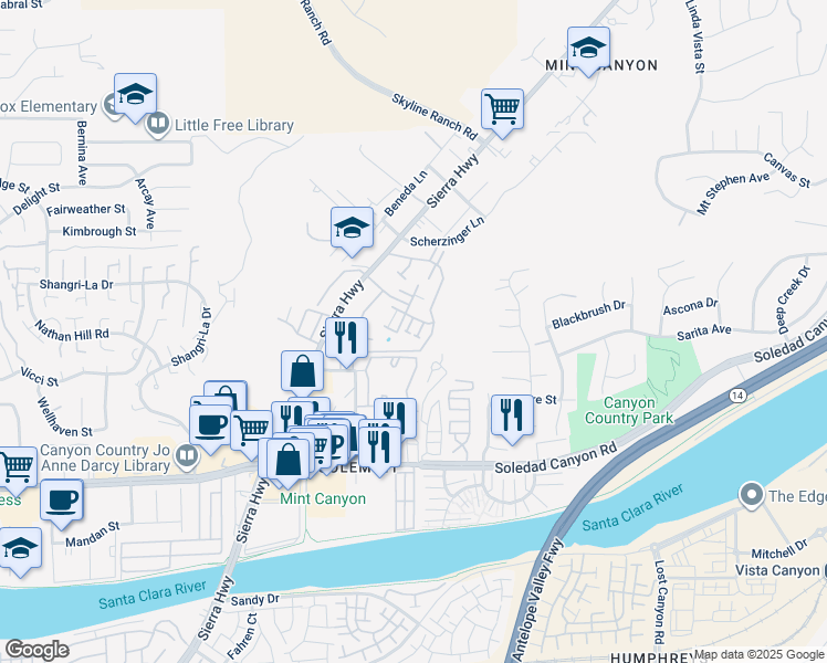 map of restaurants, bars, coffee shops, grocery stores, and more near in Santa Clarita