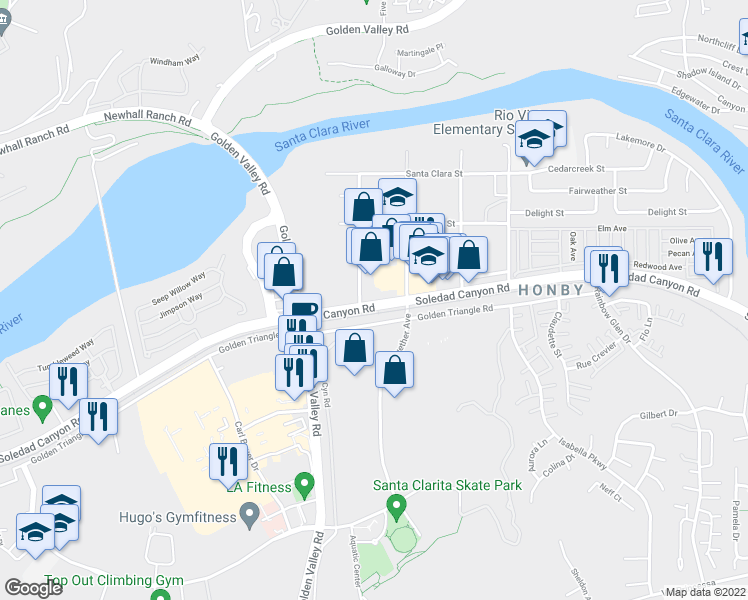 map of restaurants, bars, coffee shops, grocery stores, and more near 20737 Soledad Canyon Road in Santa Clarita