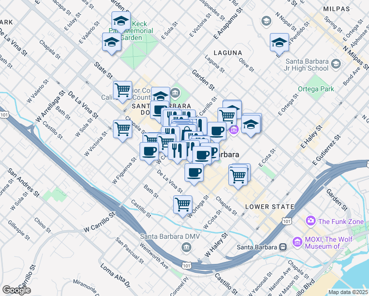 map of restaurants, bars, coffee shops, grocery stores, and more near 913 State Street in Santa Barbara