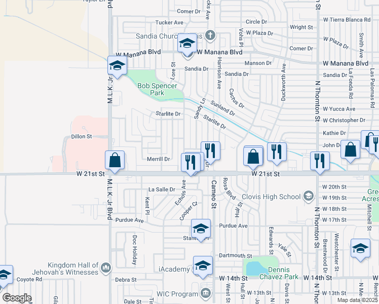 map of restaurants, bars, coffee shops, grocery stores, and more near 2104 Echols Avenue in Clovis