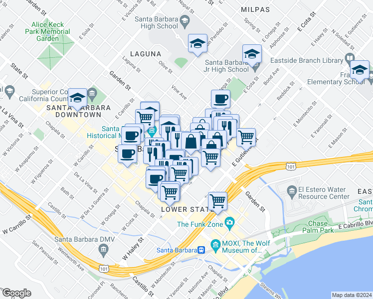map of restaurants, bars, coffee shops, grocery stores, and more near 221 East Cota Street in Santa Barbara
