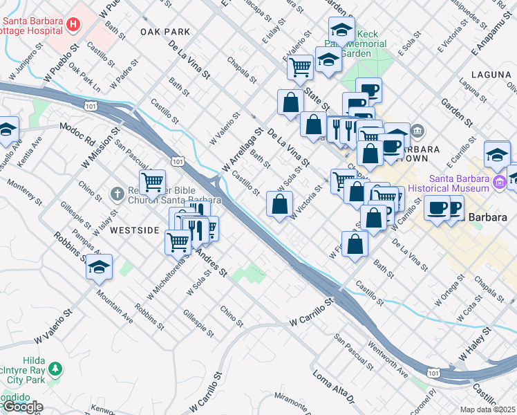 map of restaurants, bars, coffee shops, grocery stores, and more near 413 West Sola Street in Santa Barbara