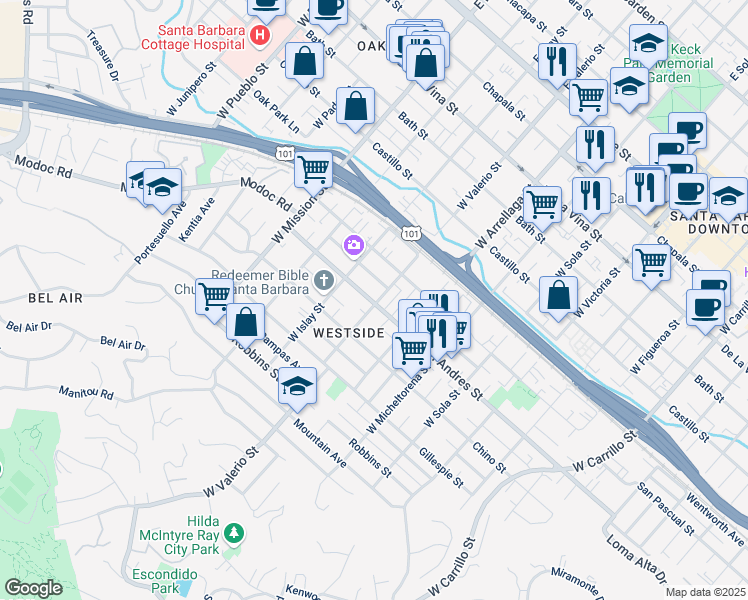 map of restaurants, bars, coffee shops, grocery stores, and more near 716 West Valerio Street in Santa Barbara