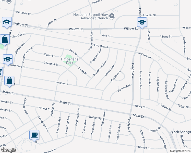 map of restaurants, bars, coffee shops, grocery stores, and more near 9341 Buckthorn Avenue in Hesperia