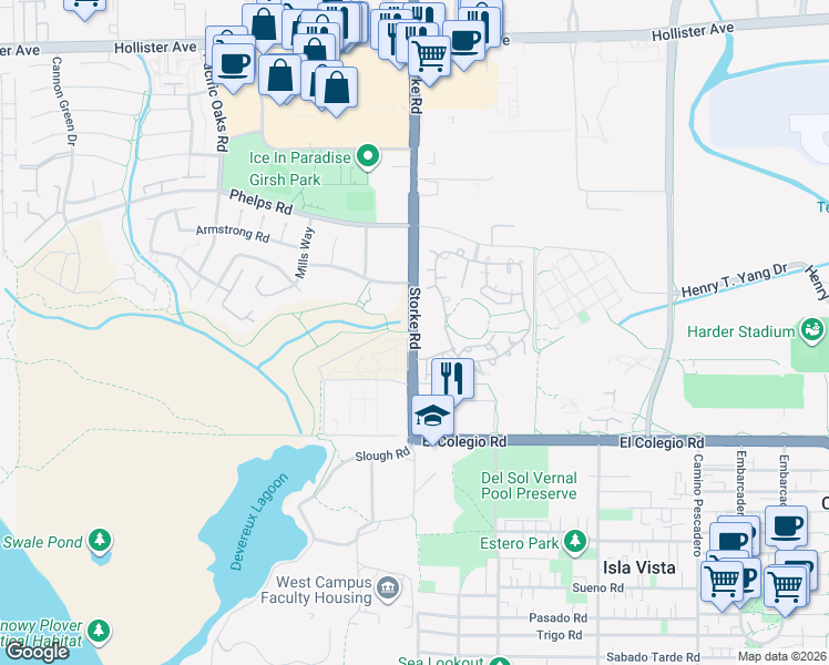 map of restaurants, bars, coffee shops, grocery stores, and more near 519-585 Storke Road in Goleta