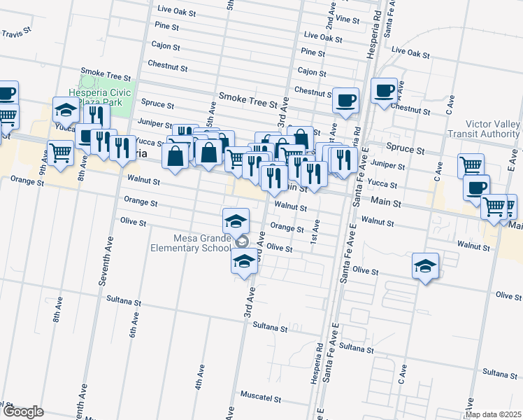 map of restaurants, bars, coffee shops, grocery stores, and more near 9380 3rd Avenue in Hesperia