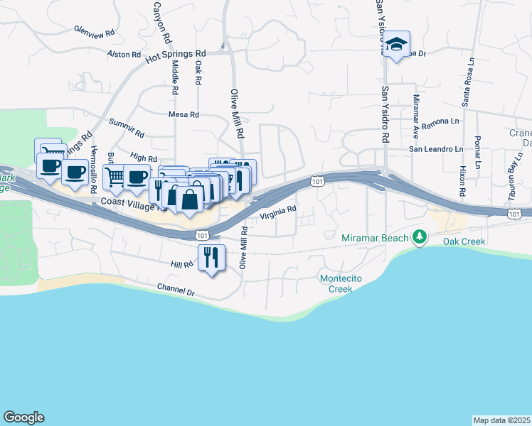map of restaurants, bars, coffee shops, grocery stores, and more near 1342 Virginia Road in Montecito