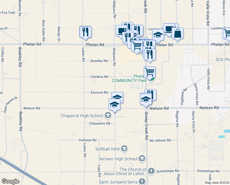 map of restaurants, bars, coffee shops, grocery stores, and more near Malpaso Road in Phelan