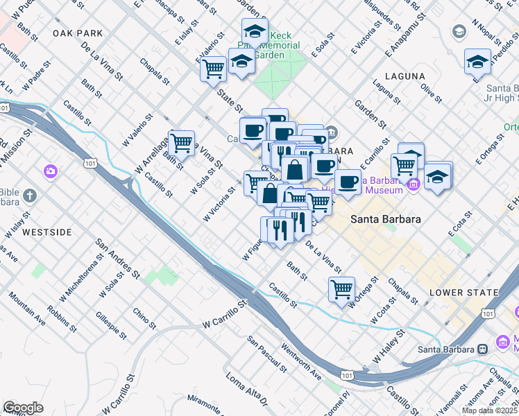 map of restaurants, bars, coffee shops, grocery stores, and more near 1109 De La Vina Street in Santa Barbara
