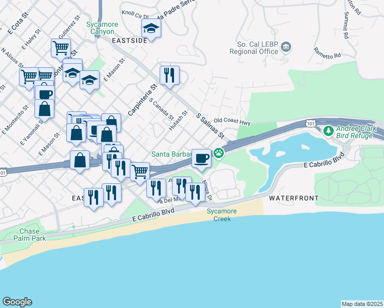 map of restaurants, bars, coffee shops, grocery stores, and more near 1200 Punta Gorda Street in Santa Barbara