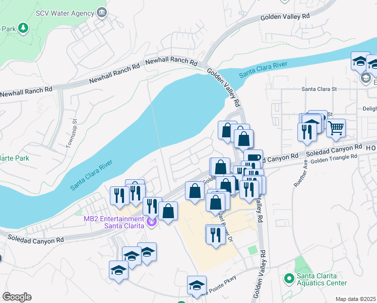 map of restaurants, bars, coffee shops, grocery stores, and more near 21312 Seep Willow Way in Santa Clarita