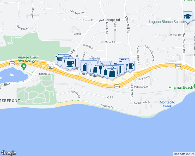 map of restaurants, bars, coffee shops, grocery stores, and more near 1165 Coast Village Road in Santa Barbara