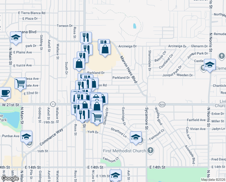 map of restaurants, bars, coffee shops, grocery stores, and more near 1113 Oakhurst Road in Clovis