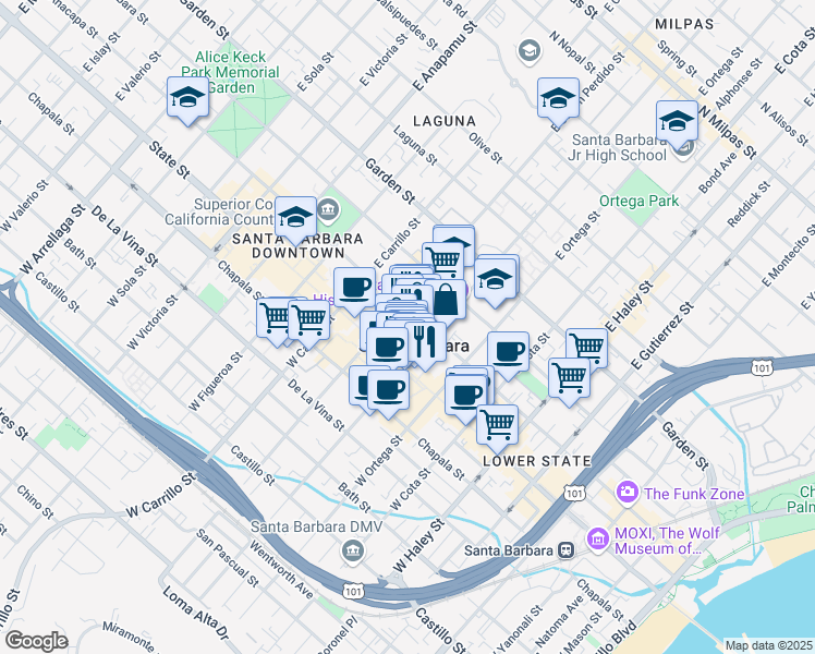 map of restaurants, bars, coffee shops, grocery stores, and more near in Santa Barbara