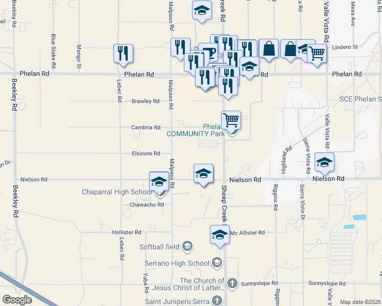 map of restaurants, bars, coffee shops, grocery stores, and more near in Phelan