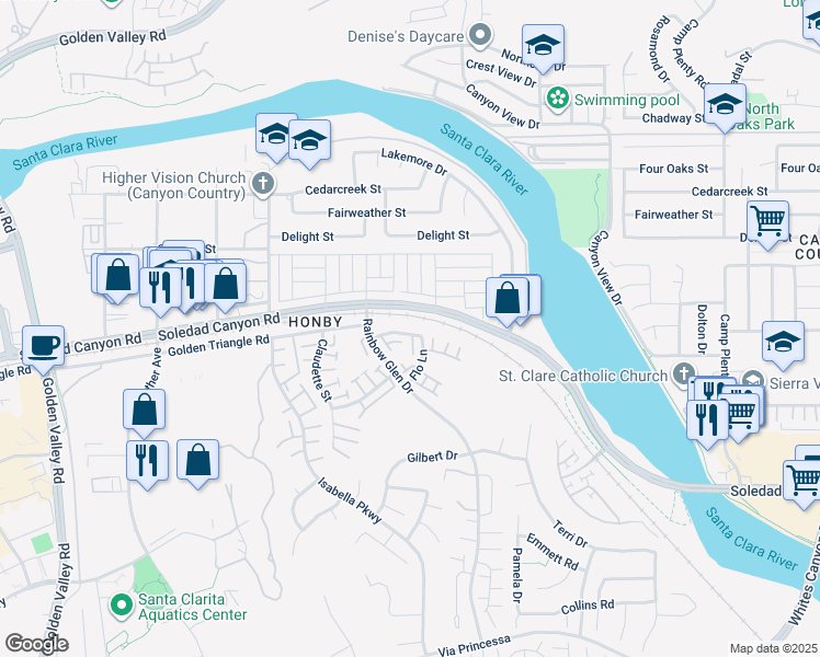 map of restaurants, bars, coffee shops, grocery stores, and more near 26944 Flo Lane in Santa Clarita