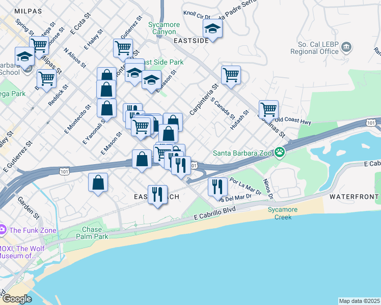 map of restaurants, bars, coffee shops, grocery stores, and more near 217 South Alisos Street in Santa Barbara