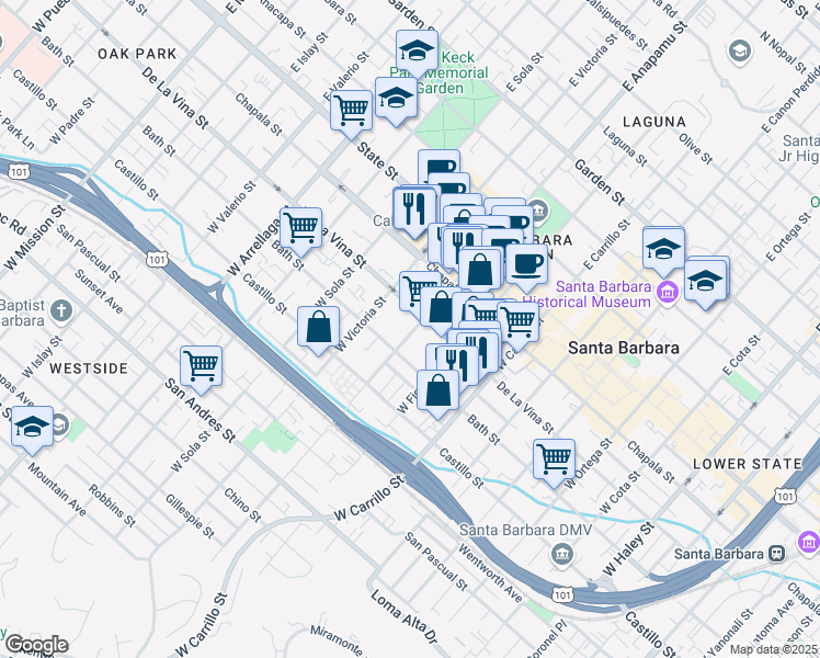 map of restaurants, bars, coffee shops, grocery stores, and more near 223 West Anapamu Street in Santa Barbara