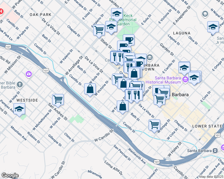 map of restaurants, bars, coffee shops, grocery stores, and more near 223 West Anapamu Street in Santa Barbara