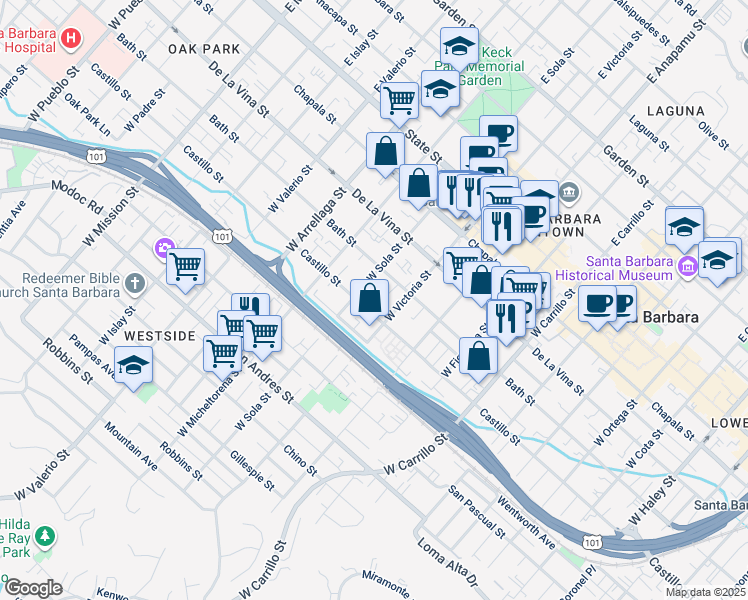 map of restaurants, bars, coffee shops, grocery stores, and more near 1313 A Castillo Street in Santa Barbara