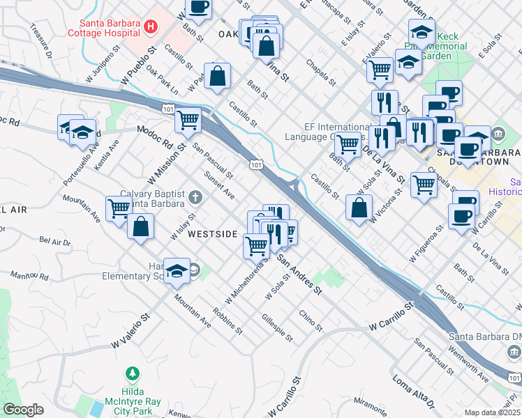 map of restaurants, bars, coffee shops, grocery stores, and more near 601 West Arrellaga Street in Santa Barbara
