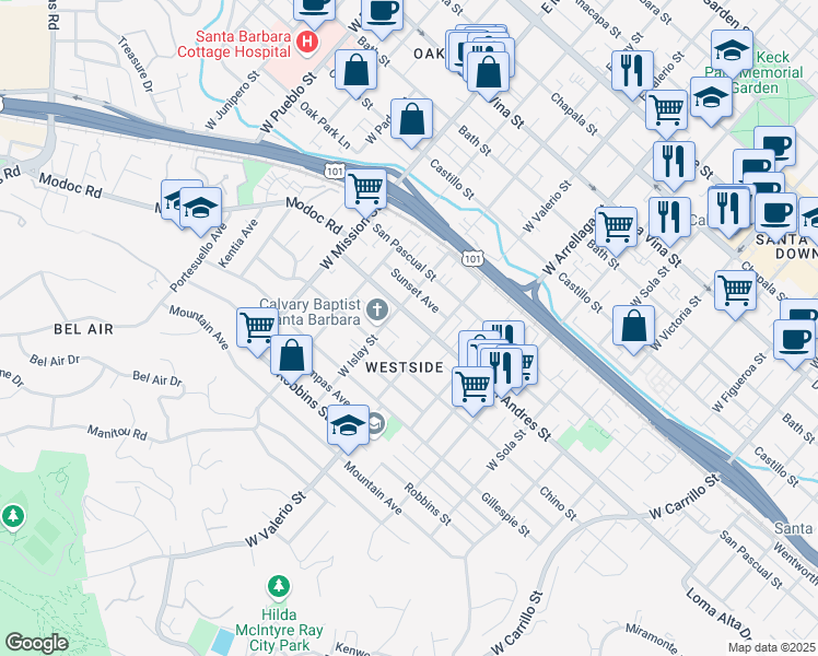map of restaurants, bars, coffee shops, grocery stores, and more near 716 West Valerio Street in Santa Barbara