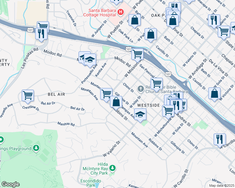 map of restaurants, bars, coffee shops, grocery stores, and more near 1907 Gillespie Street in Santa Barbara