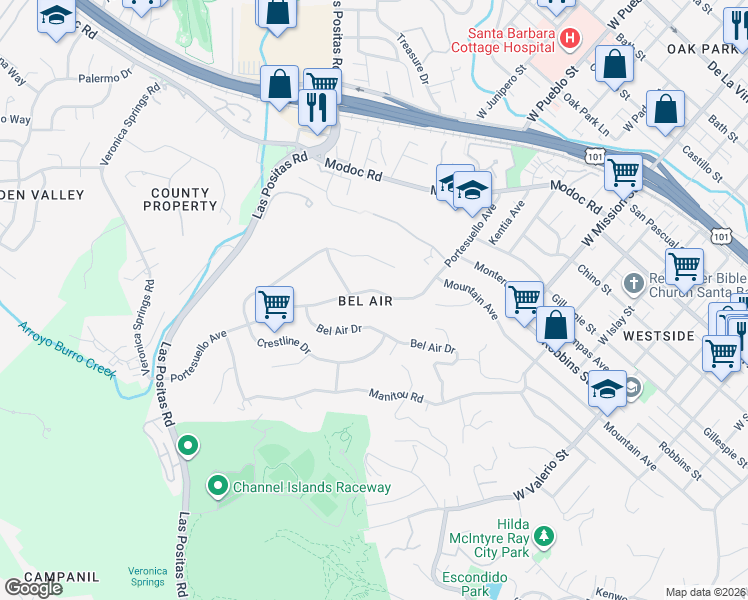 map of restaurants, bars, coffee shops, grocery stores, and more near 1103 Portesuello Avenue in Santa Barbara