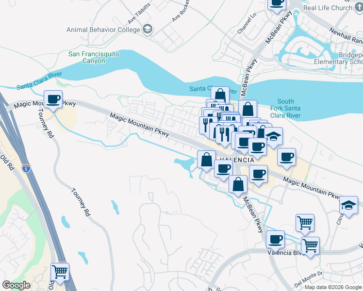 map of restaurants, bars, coffee shops, grocery stores, and more near 24714 Avignon Drive in Santa Clarita
