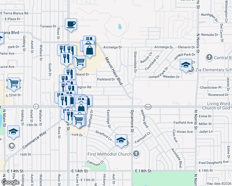 map of restaurants, bars, coffee shops, grocery stores, and more near 1309 Oakhurst Road in Clovis
