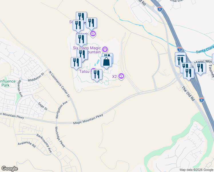 map of restaurants, bars, coffee shops, grocery stores, and more near 26101 Magic Mountain Parkway in Los Angeles County