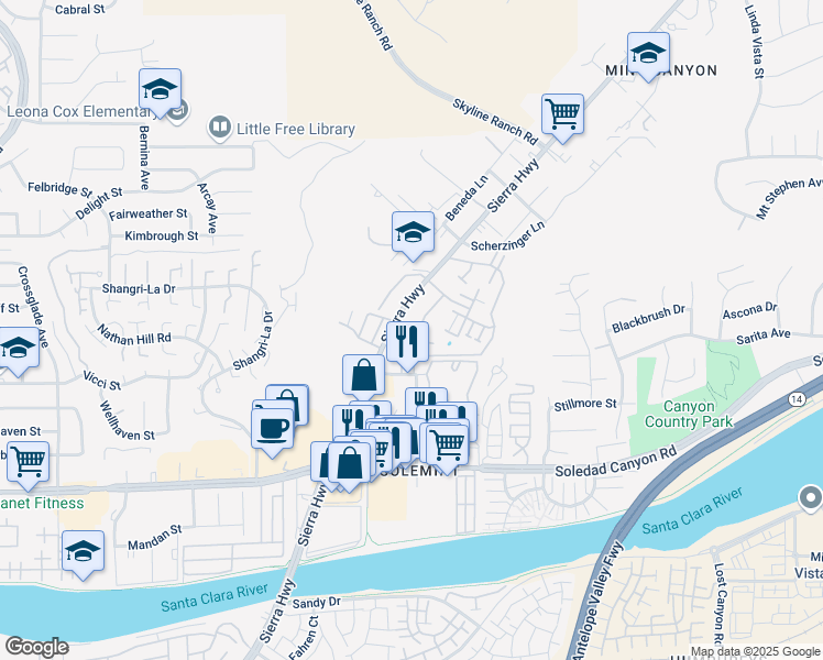 map of restaurants, bars, coffee shops, grocery stores, and more near 18164 Sundowner Way in Santa Clarita