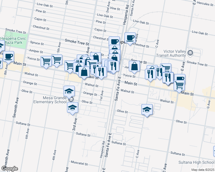 map of restaurants, bars, coffee shops, grocery stores, and more near 16490 Walnut Street in Hesperia