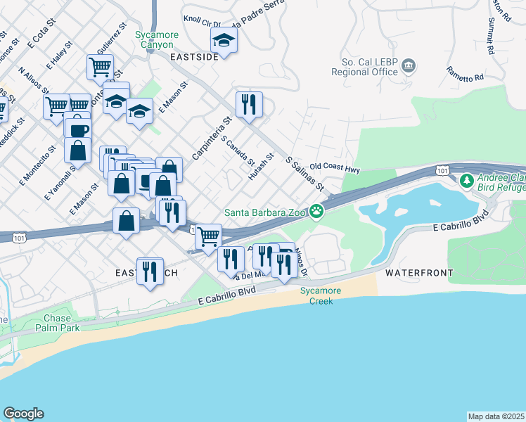 map of restaurants, bars, coffee shops, grocery stores, and more near 1200 Punta Gorda Street in Santa Barbara