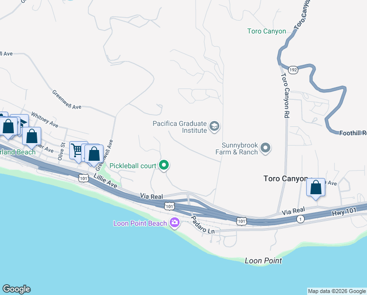 map of restaurants, bars, coffee shops, grocery stores, and more near 2709 Vista Oceano Lane in Summerland