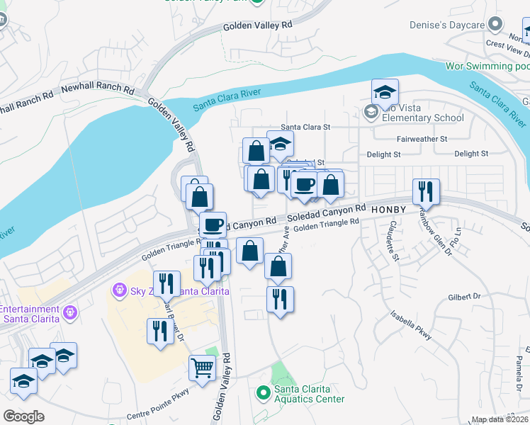 map of restaurants, bars, coffee shops, grocery stores, and more near 20737 Soledad Canyon Road in Santa Clarita